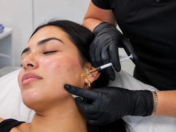 A woman receiving a cosmetic injection on her cheek.