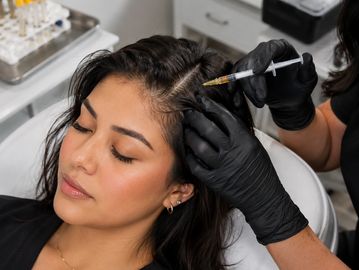 A woman receives a scalp injection in a clinical setting.