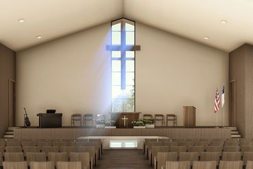 Sunlight streams through a cross-shaped window in a modern church sanctuary.