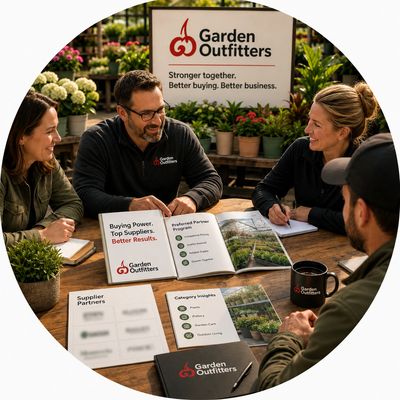 Four people in a business meeting discussing Garden Outfitters materials.