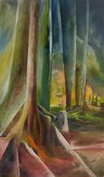 Abstract painting of forest by Sue Boydston