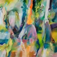 Abstract oil painting of 3 cypress trees by Sue Boydston
