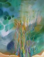 Abstract oil painting of colorful garden grasses by Sue Boydston