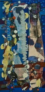 Abstract painting of collage materials by Sue Boydston