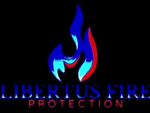 Logo of Libertus Fire Protection with blue and red flames.