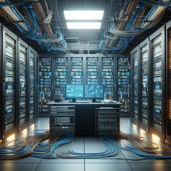 A high-tech server room filled with racks of servers and network cables, featuring a central workstation with monitors.