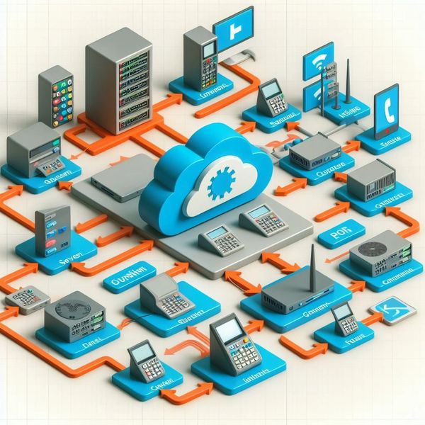 An infographic illustrating a cloud computing system with various devices connected to a central cloud.