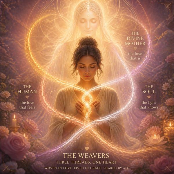 Spiritual depiction of the human, divine mother, and soul interconnected by glowing threads.