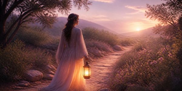Woman in flowing dress holding a lantern at sunset on a path.