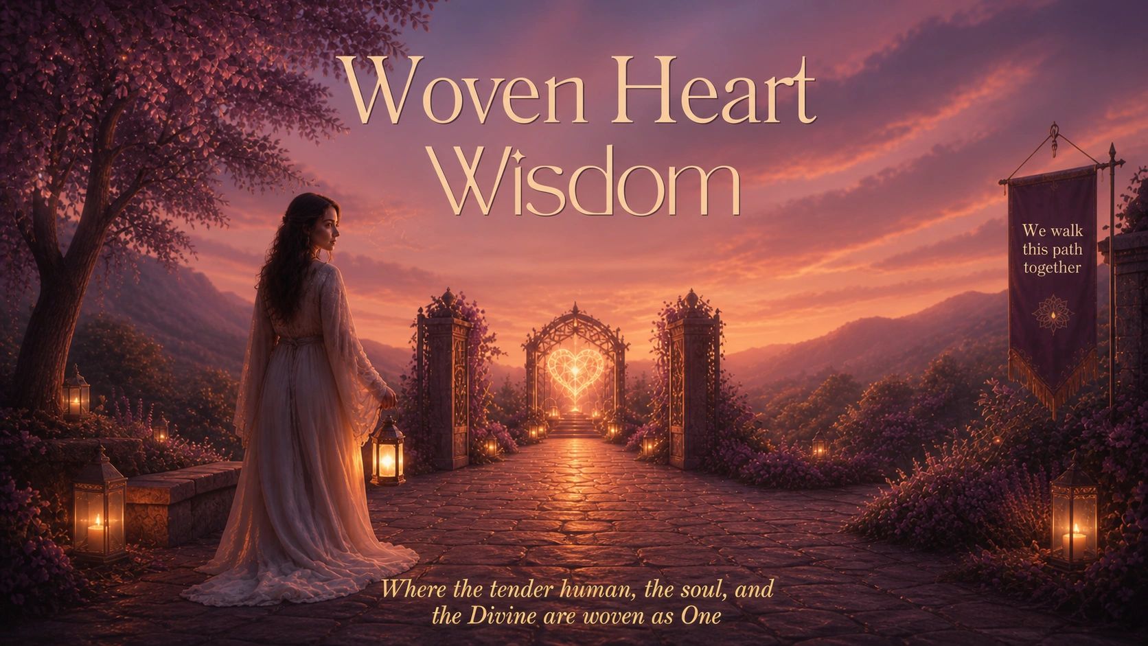 A woman walks towards a glowing heart gate at sunset.