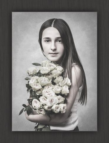 black and white images, girl holding roses, staring forward