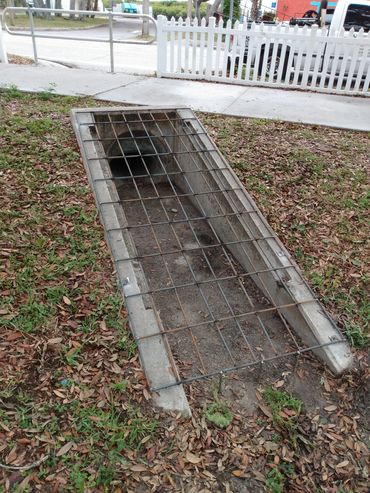 Storm drain grate made of steel rebar.