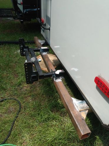 RV Bumper fabrication made of steel tube. Step up hitch.