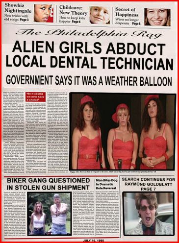 Promo image for Aliens vs Bikers movie. Alien girls abduct local dental technician; government says weather balloon.