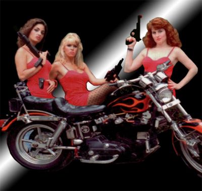 Three women in red dresses with guns posed on a motorcycle.