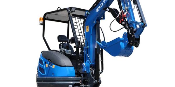 Compact blue mini excavator with black tracks and a digging bucket.