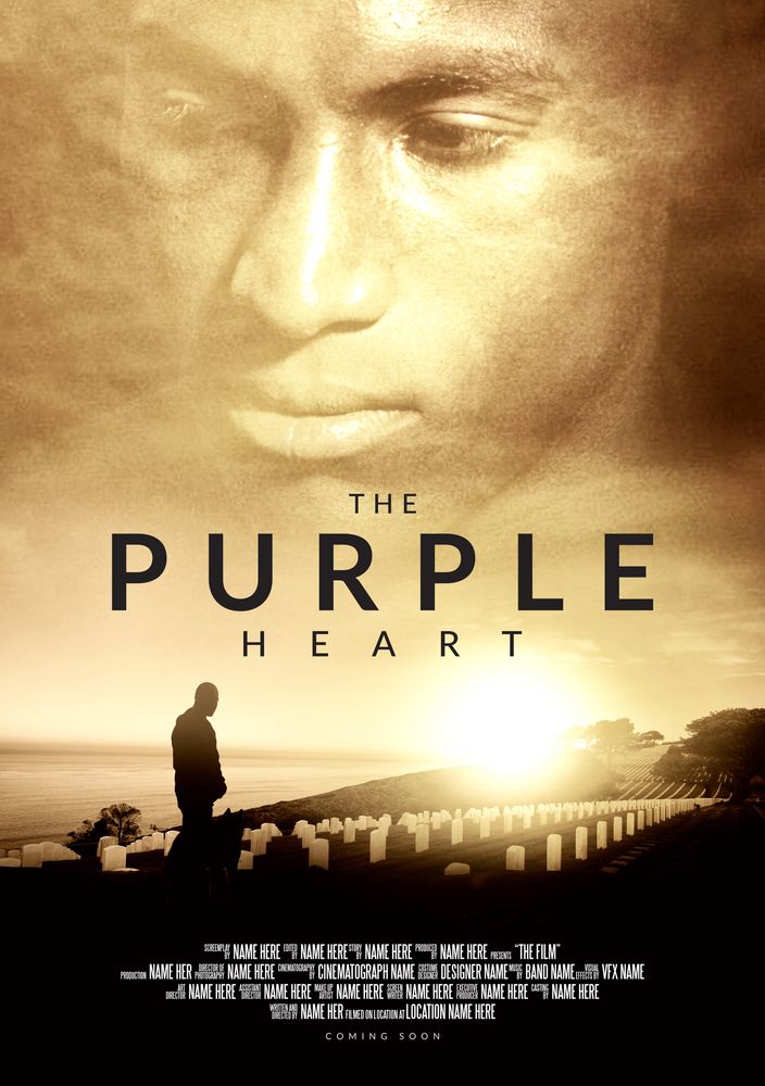 Movie poster for The Purple Heart with Kionte Storey and his dog, Koja, overlooking many graves.