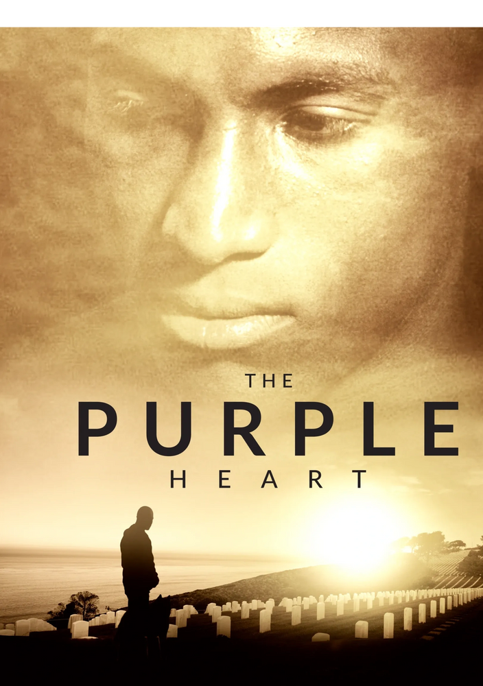 Movie poster for The Purple Heart with Kionte Storey and his dog, Koja, overlooking many graves.