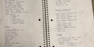 Handwritten inventory checklist for different rooms and items.