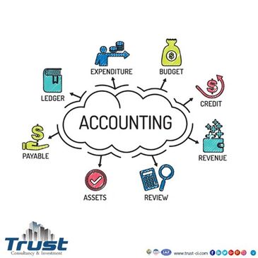 Accounting concepts illustrated with icons for budget, expenditure, assets, and more.