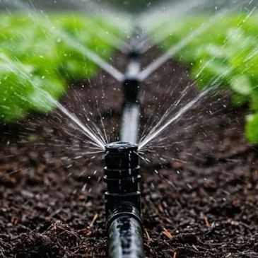 A sprinkler irrigates green plants in a garden bed.