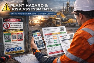 Worker assesses plant hazard and risk with safety guidelines and QR codes.