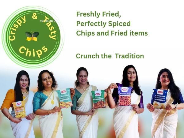 Five women in traditional sarees holding different chip packets promoting crispy and tasty chips.