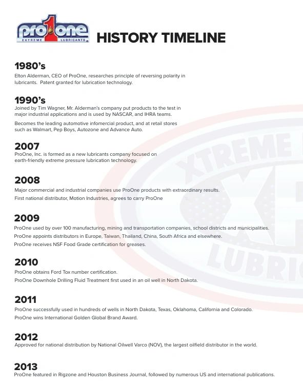 ProOne history timeline from the 1980s to 2013, highlighting key milestones and achievements in lubricant technology.