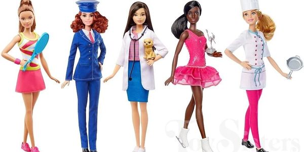 Five Barbie dolls dressed as various professionals and athletes.