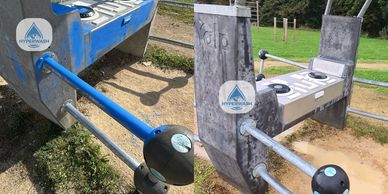 Playground see-saw with boat and stove designs.