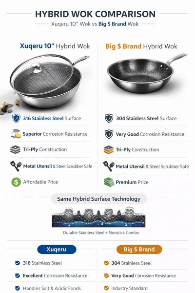 Comparison of two hybrid woks highlighting material, corrosion resistance, construction, and price.