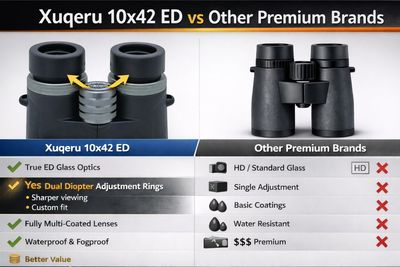 Comparison of Xuqueru 10x42 ED binoculars with other premium brands highlighting superior features.