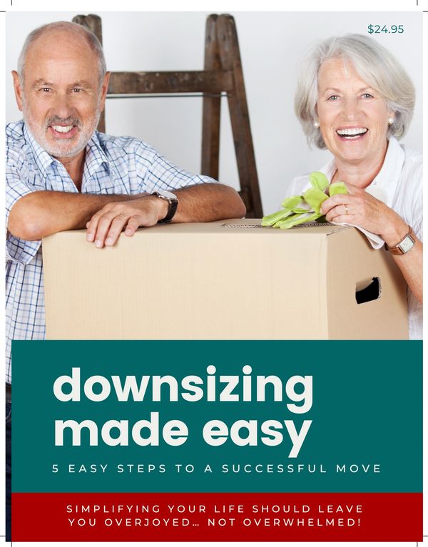 Smiling seniors packing a box, promoting easy downsizing.