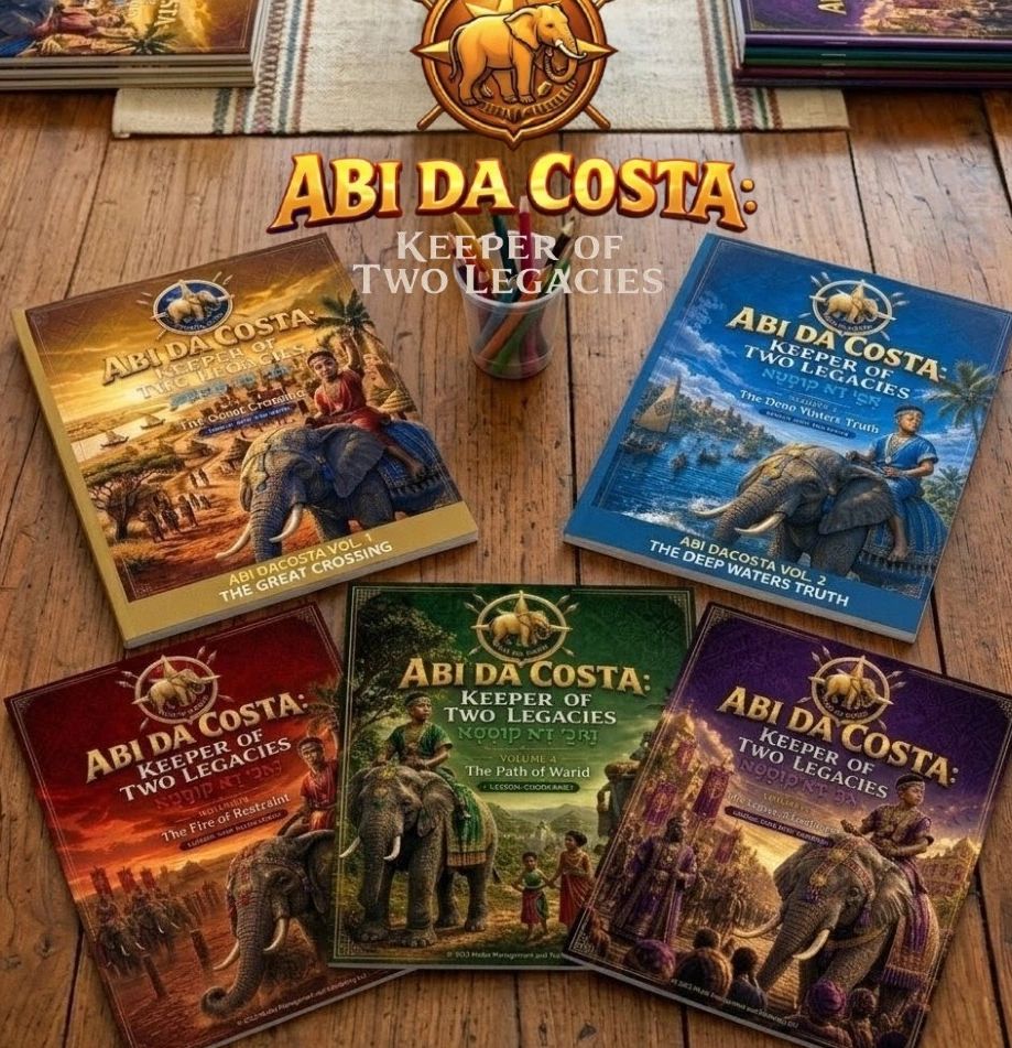 A collection of 'Abi Da Costa: Keeper of Two Legacies' books with colorful covers and elephant illustrations.