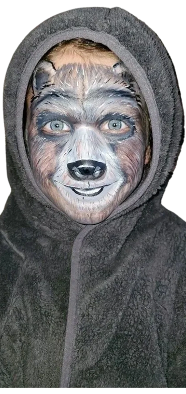 Realistic bear face paint. Girl in hoodie.
