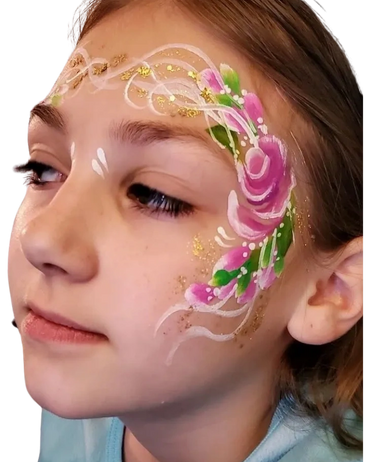 Roses and swirls around eye and temple on girl.