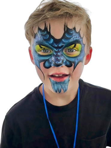 Boy in full face paint blue dragon.