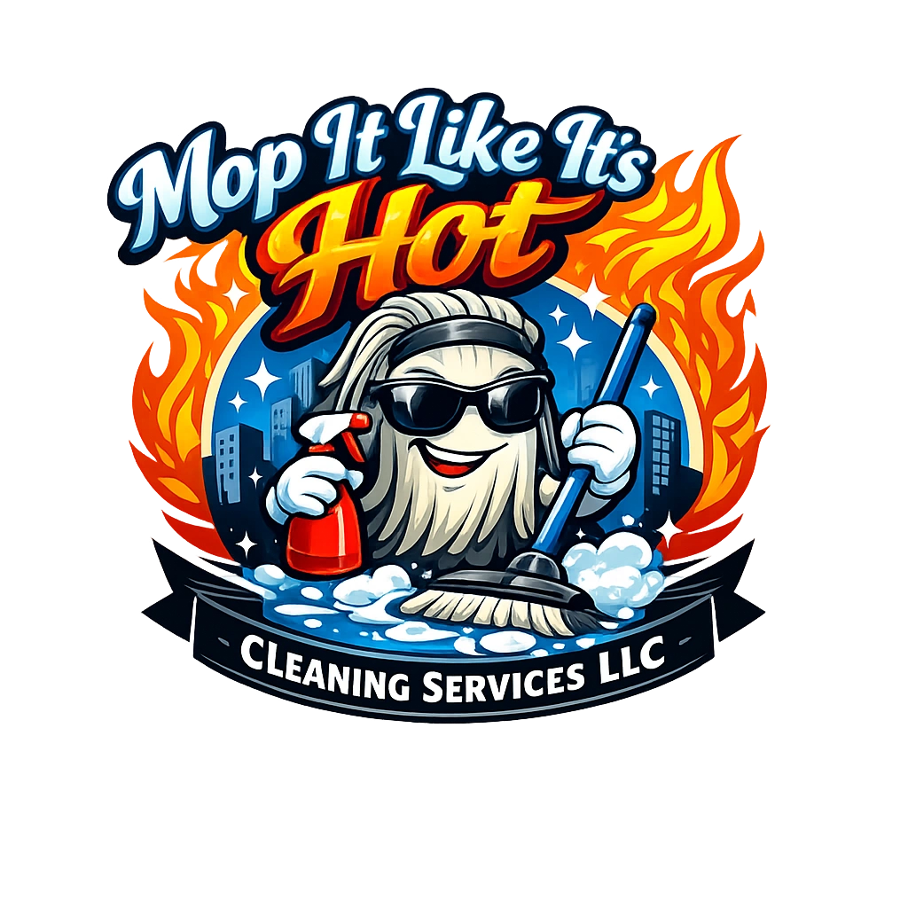 Playful logo of a mop character with sunglasses cleaning amidst flames, symbolizing hot cleaning services.