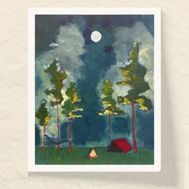 Jeremy Bonsol JBonsol Art original painting red tent with ufo and full moon in the woods