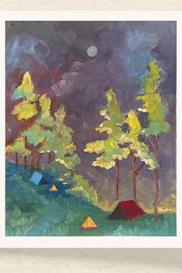 Jeremy Bonsol JBonsol Art original painting camping campsite with moonlight