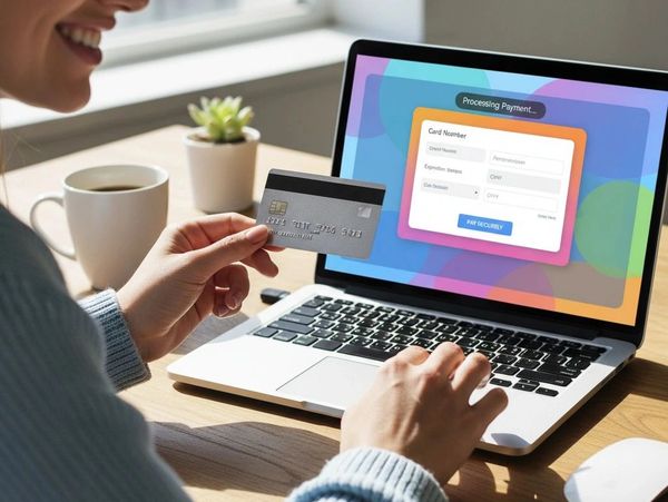 A woman making an online payment using a credit card and laptop.