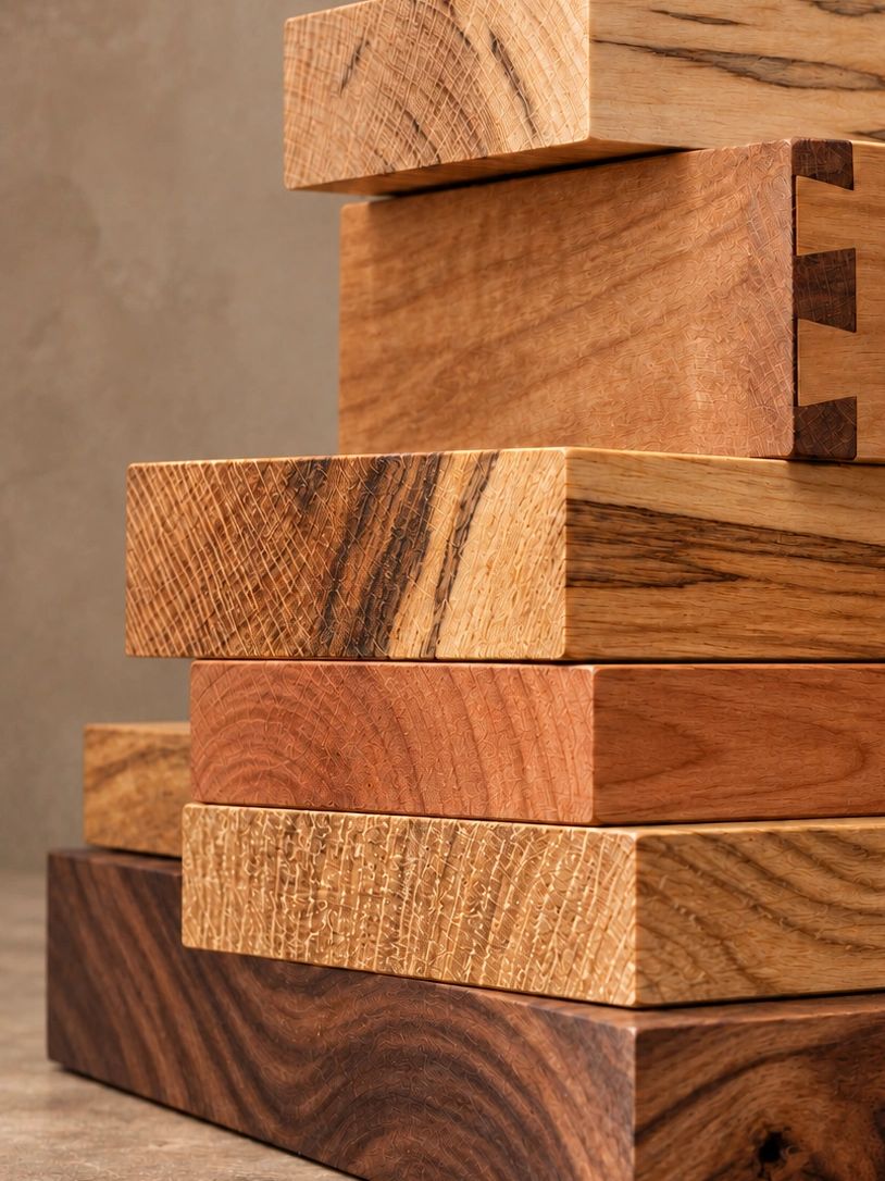 Thick solid wood boards stacked at different angles against a warm taupe background.