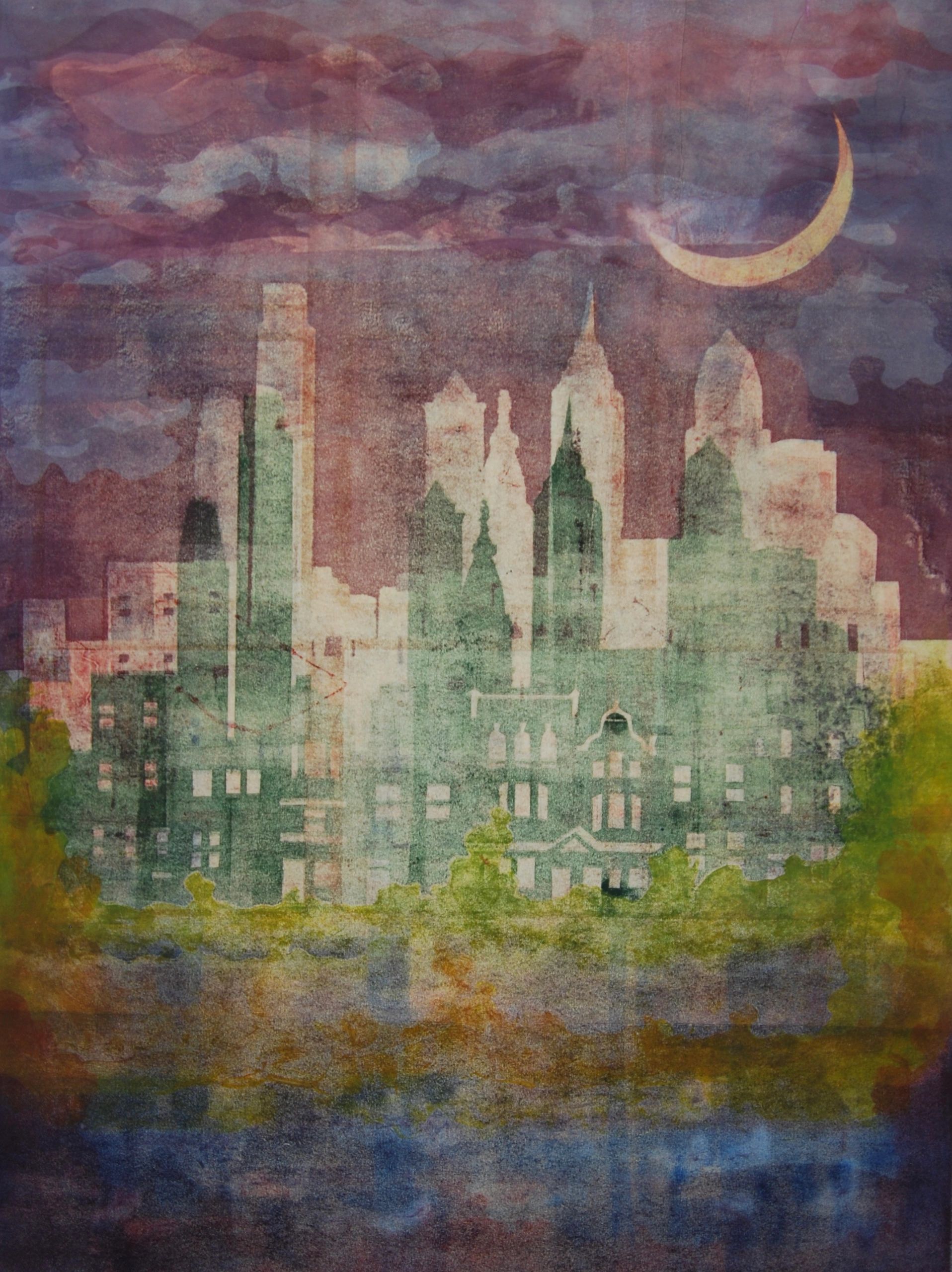 Above Sea Level; Philadelphia skyline; dreamlike; crescent moon; printmaking; original art; monotype