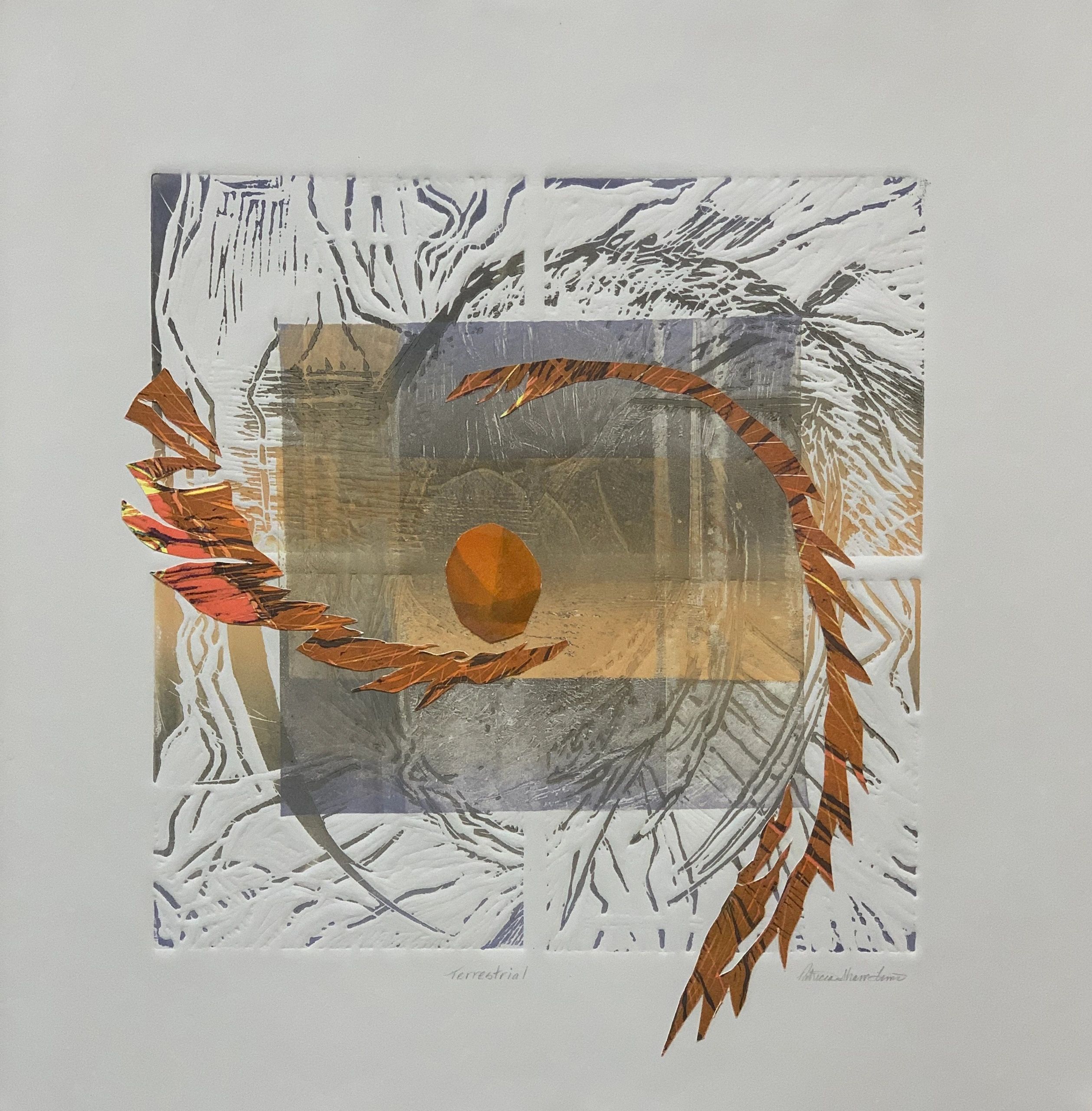 Abstract original art. Work on paper; grays and orange; collage; linocut; monotype