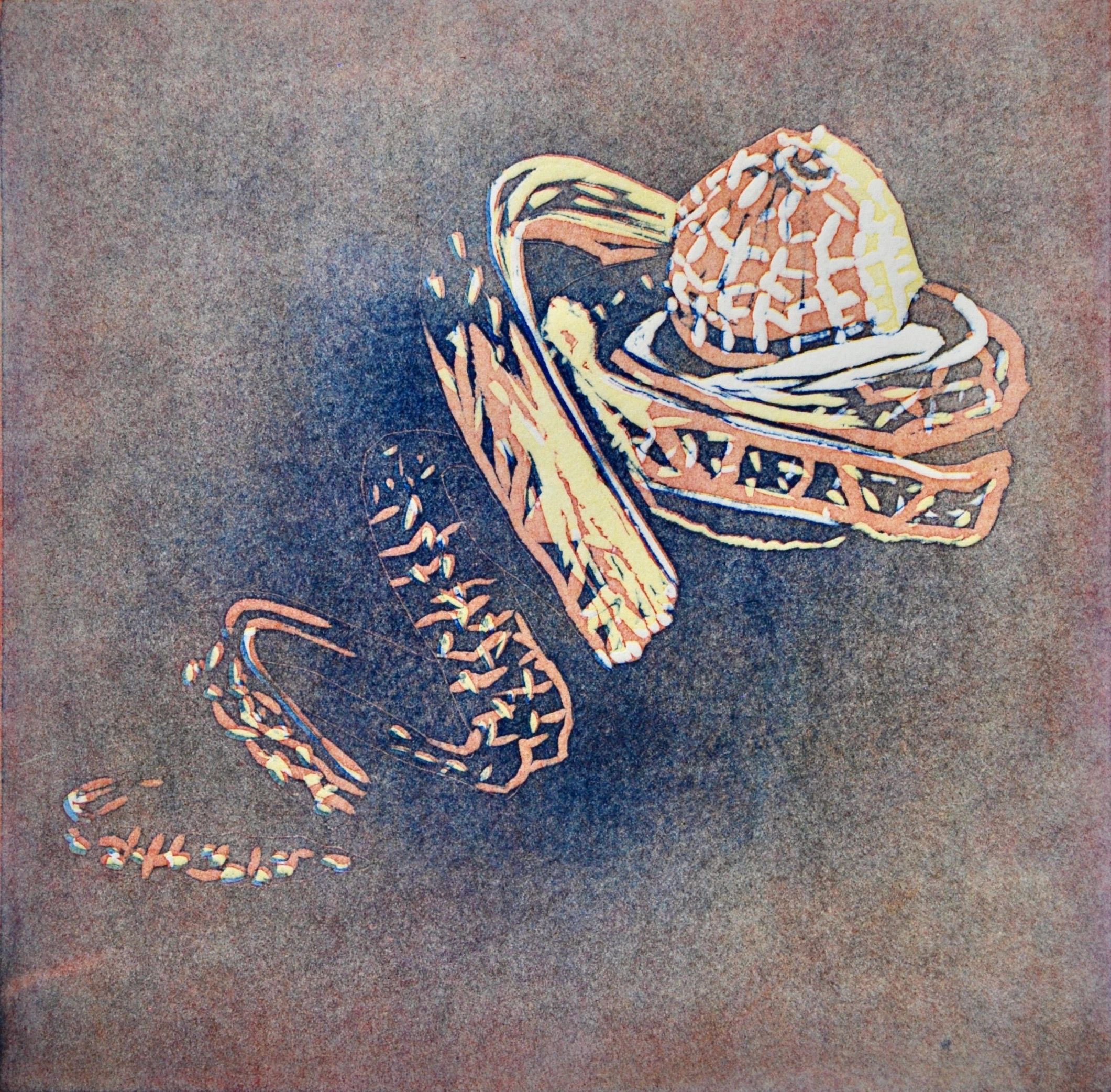 butterfly egg; reduction linocut; linoleum print; relief carving; unraveling; printmaking; 