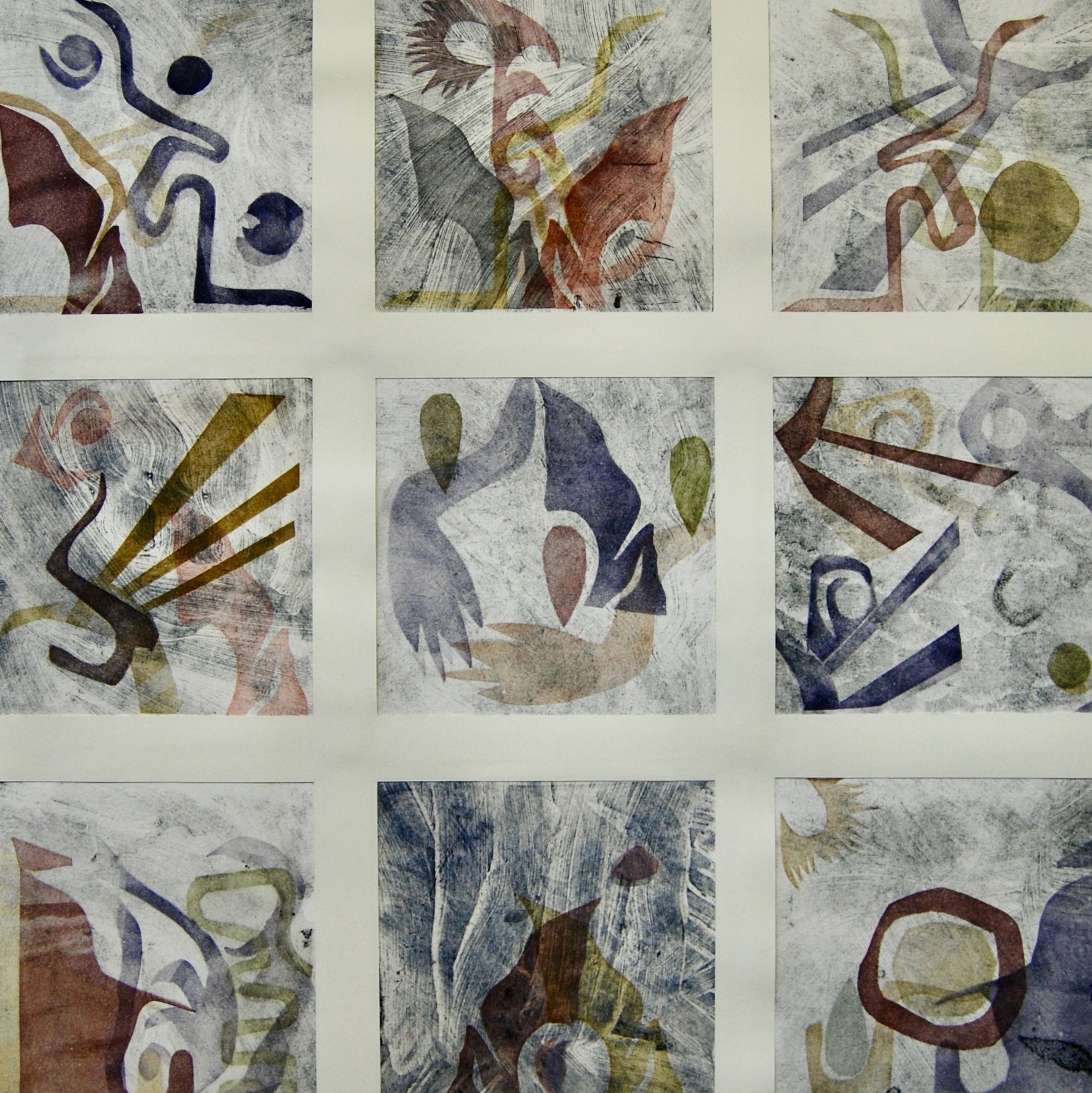 grid; stencils; squares; jazz riff; relief; intaglio printmaking; original artwork; monotype; music