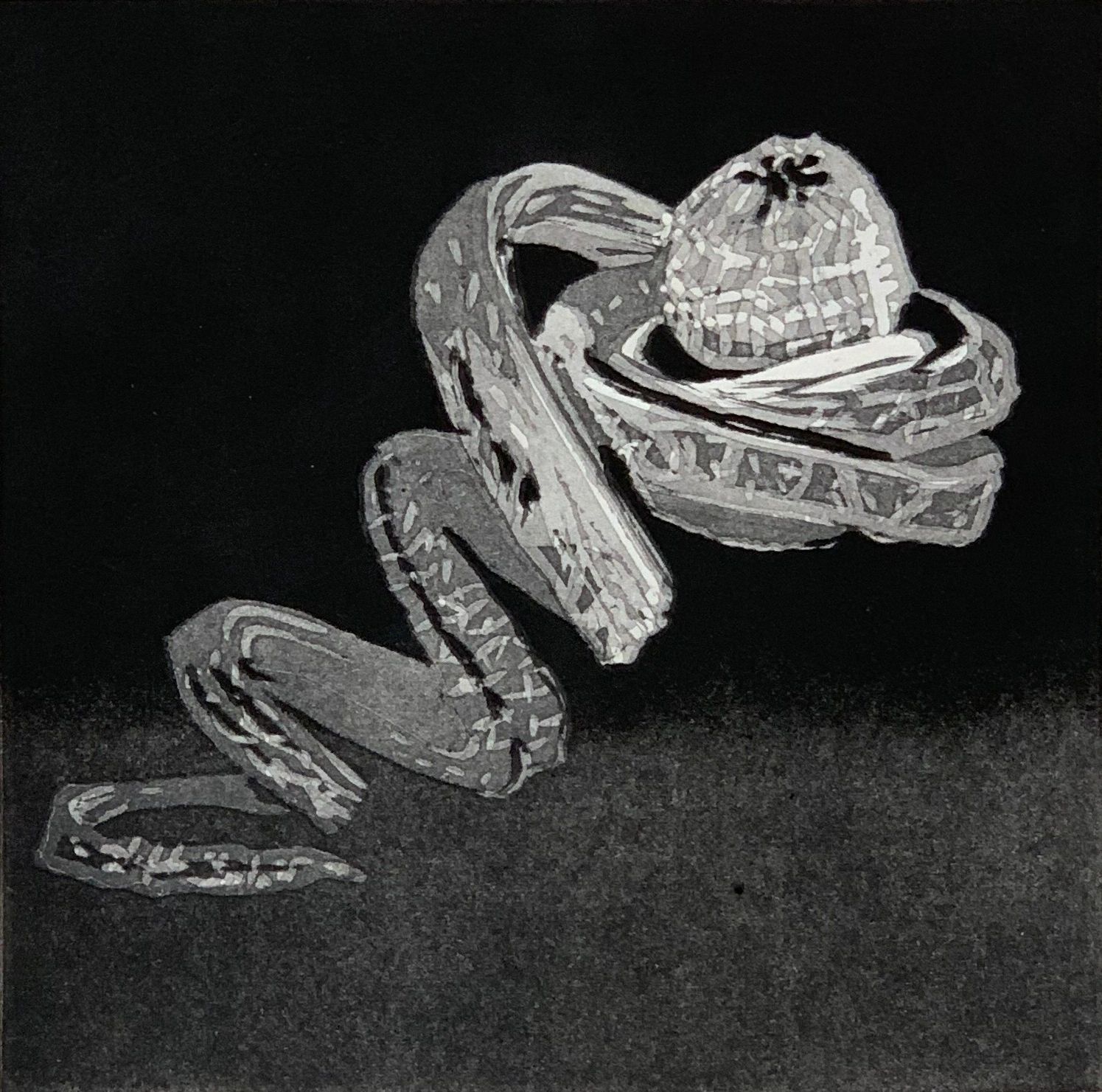 artwork of butterfly egg; unraveling; reduction linocut; black and white image; printmaking; relief