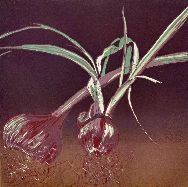 artwork of red onions; reduction linocut; relief printmaking; original art