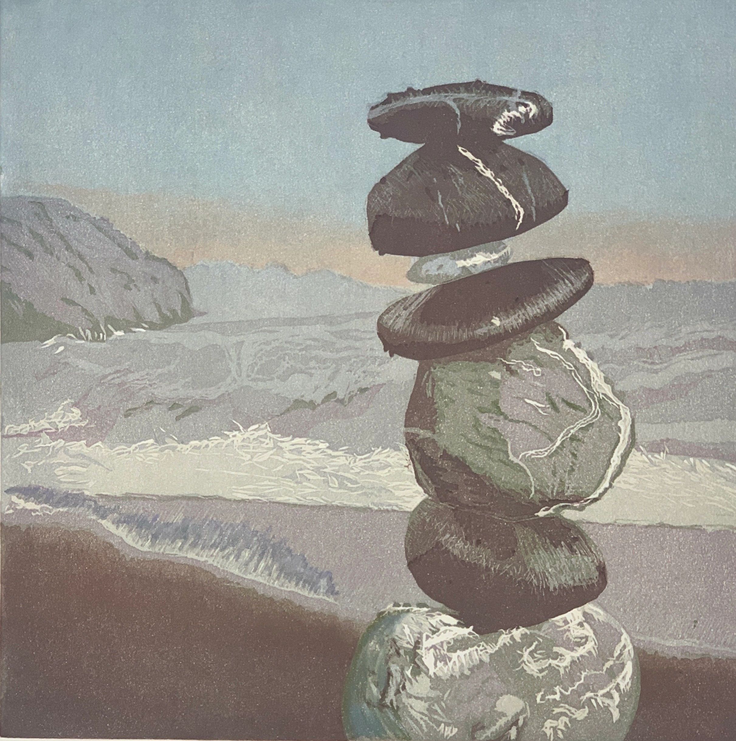 artwork of cairn; sea coast; cairn; misty coastline; color print; linoleum reduction printmaking; or