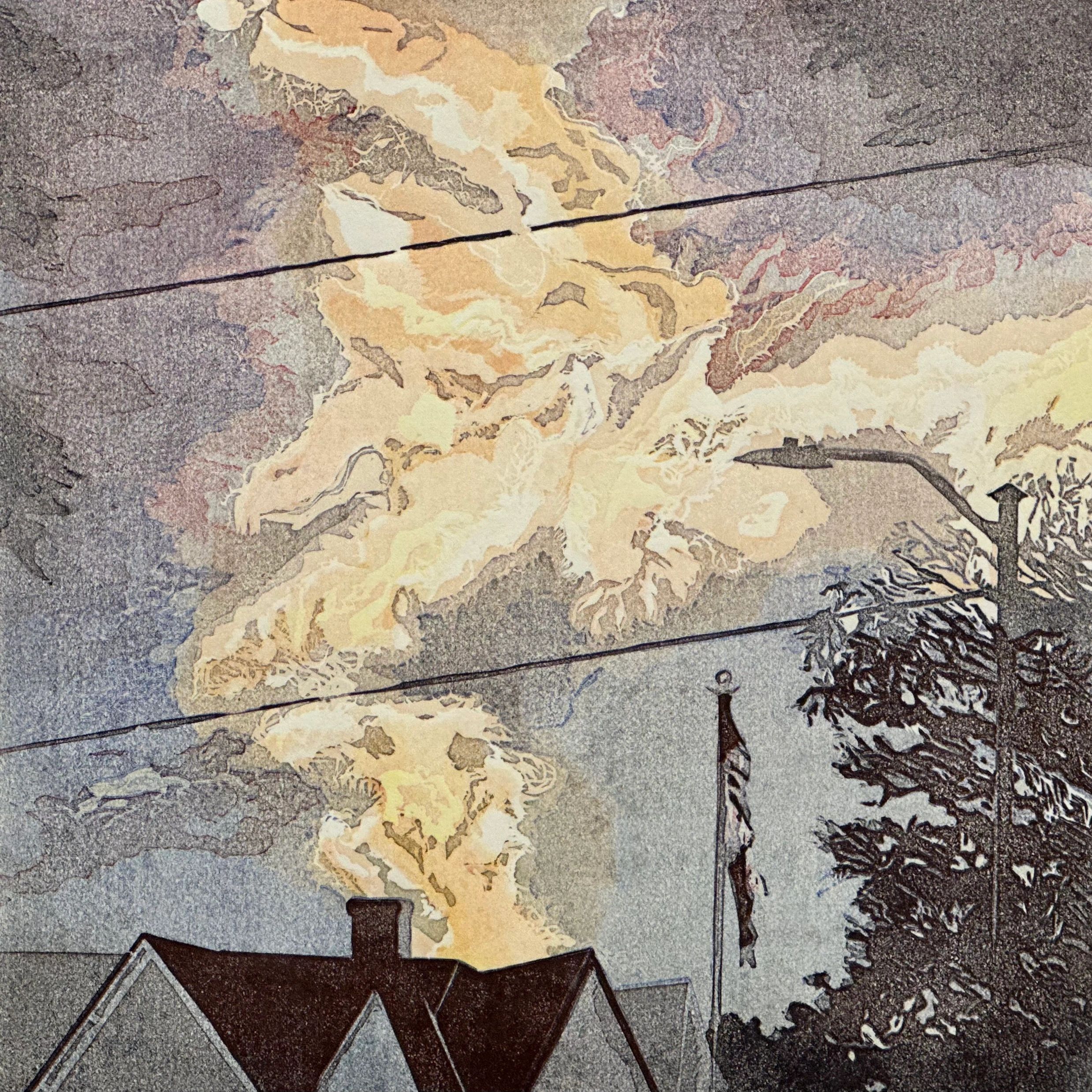 West Avenue Sunset is a reduction linocut work on paper. The image is a sunlit sky, with a furled Am